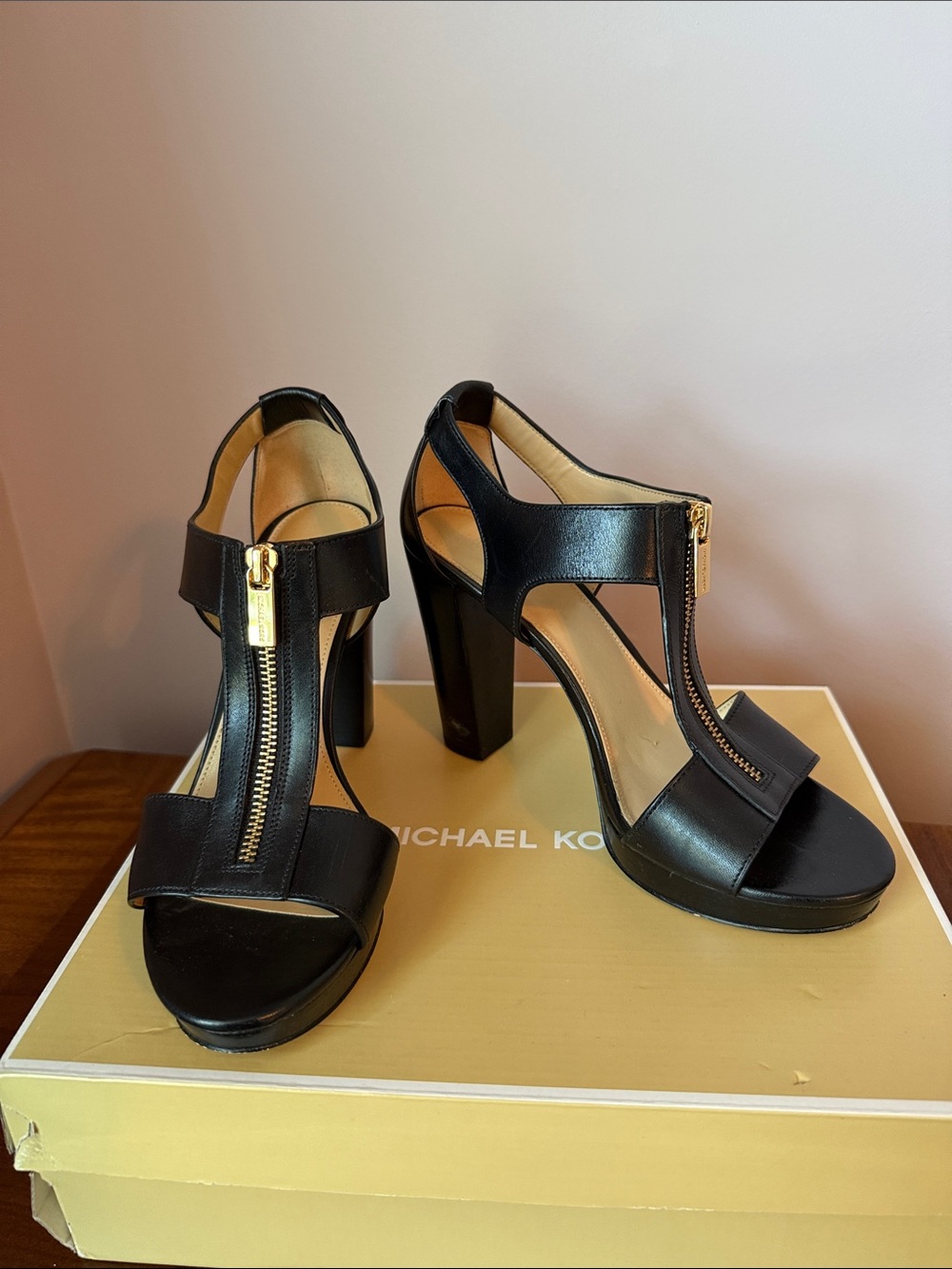MICHAEL KORS Black Leather Zip-Front Platform Heels